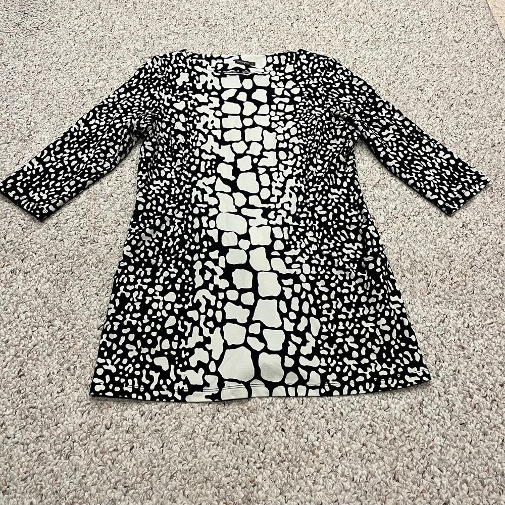 J McLaughlin Giraffe Print Tunic Top L Black Cream Preppy Classic Casual